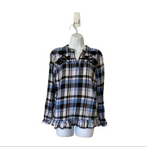 Joe Fresh Plaid Ruffled Embroidered Top Size Small